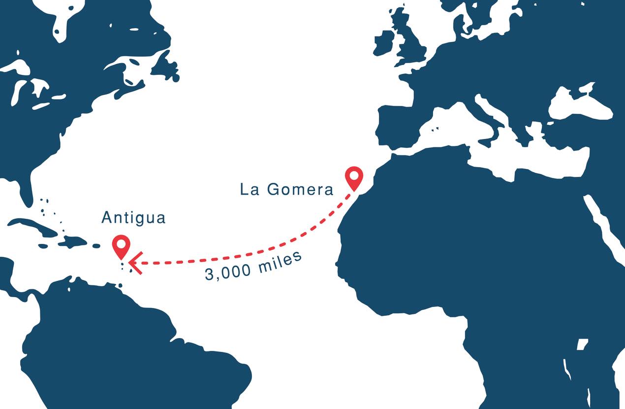 Atlantic Ocean journey map of 3000 miles