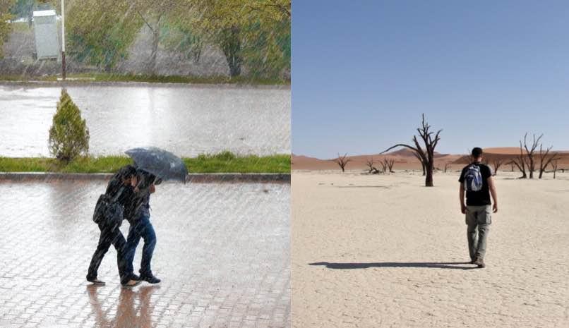 People walking in intense rain and person walking in drought stricken area